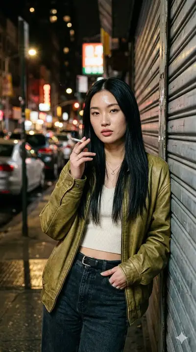 Night Street Portrait of Woman with Leather Jacket