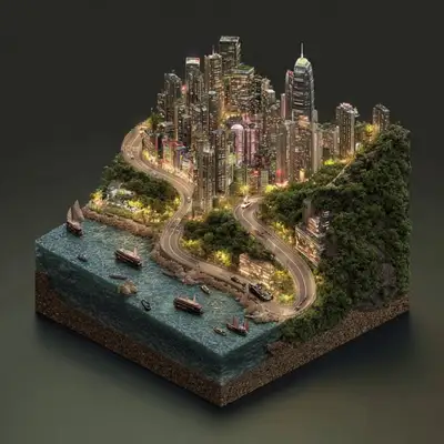 Photorealistic 3D Cross-Section of Hong Kong Night Scene