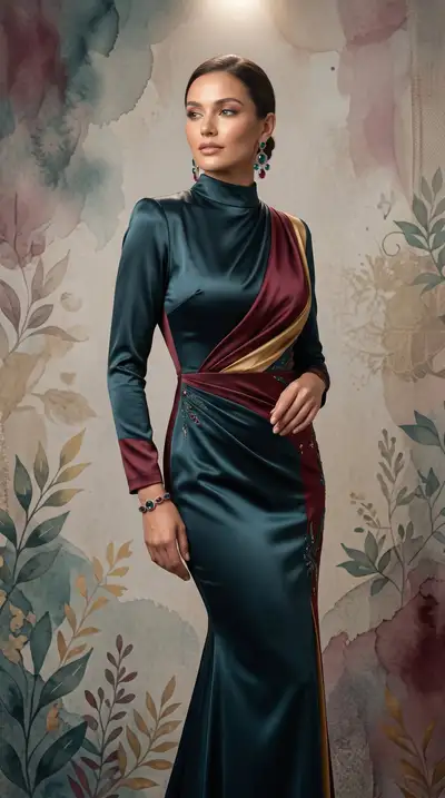 Luxury couture gown portrait with preserved facial identity