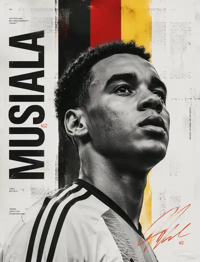Minimalist editorial black and white football poster Musiala