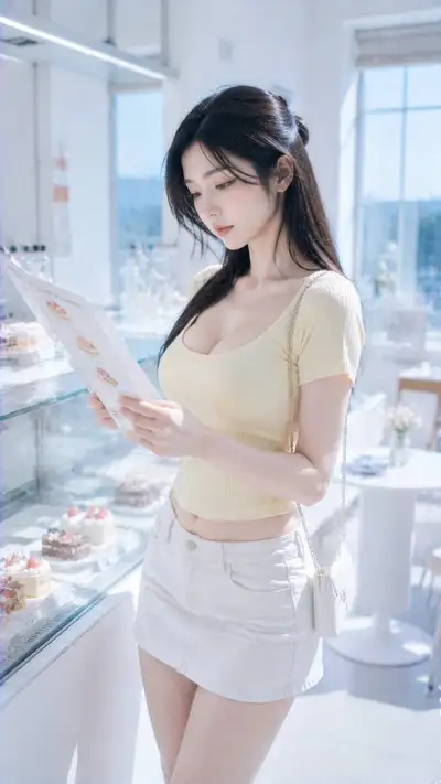Bright CCD-style photo of a woman at a white dessert shop counter
