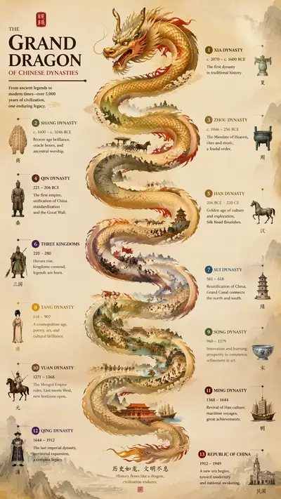 Chinese dynasties timeline infographic shaped like an imperial dragon