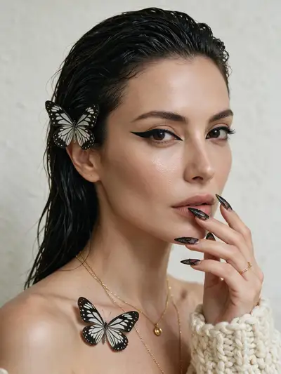 Retrato editorial de close-up com borboleta e nail art de renda