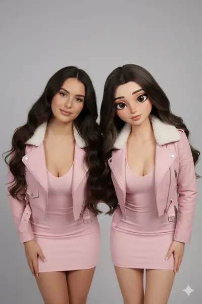 Realistic Human vs 3D Character Side-by-Side Studio Portrait