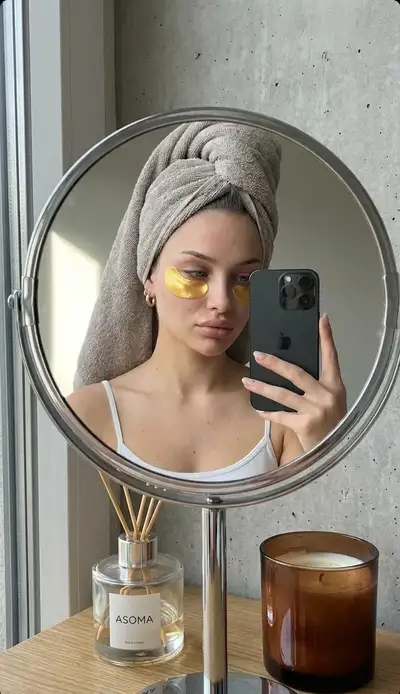 Candid Mirror Selfie with Towel Turban and Eye Patches