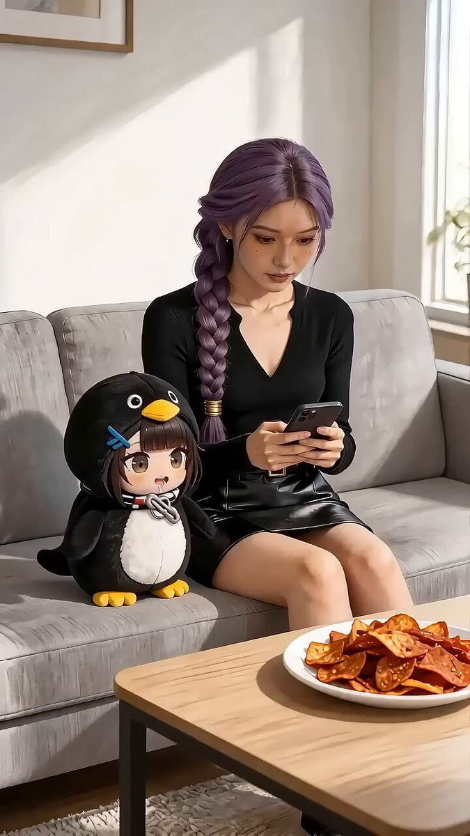 Penguin girl steals spicy chips and breathes fire into popcorn