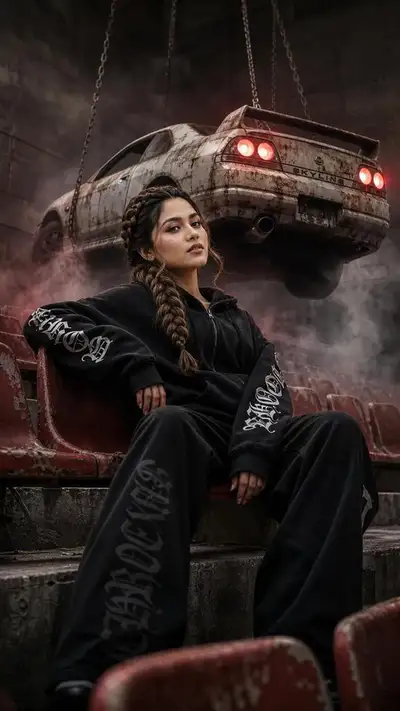 Cinematic Editorial Poster: Streetwear Woman in Abandoned Stadium