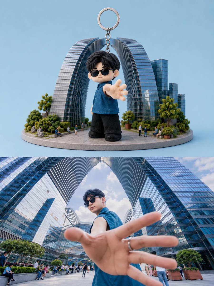 Create a split-screen composition showing a realistic collectible keychain