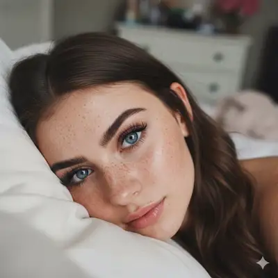 Extreme close-up freckled portrait with high-definition blue eyes