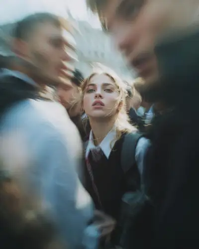 Paparazzi-style flash close-up portrait in a school uniform