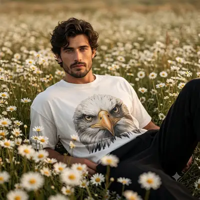 Hombre recostado en un campo de margaritas con remera con estampado de águila