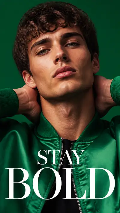 Emerald bomber jacket ultra close-up telephoto portrait