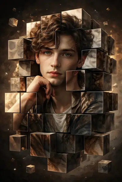 Deconstrucción metálica surrealista del retrato de un hombre