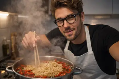Primer plano ultra realista de un joven cocinando fideos instantáneos