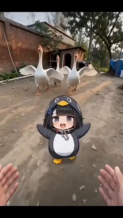 Cute Chibi Penguin Meets Geese in Rustic Farmyard
