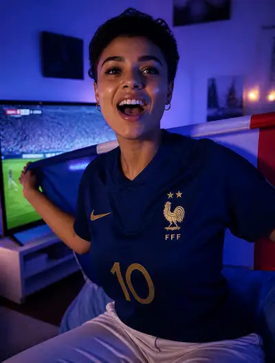 French football fan portrait watching the World Cup at home