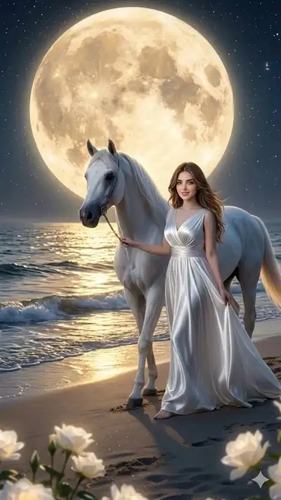 Moonlit Beach Woman and White Arabian Horse