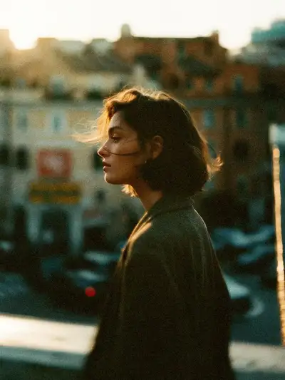 Four-image cinematic 35mm film portrait series with identity consistency