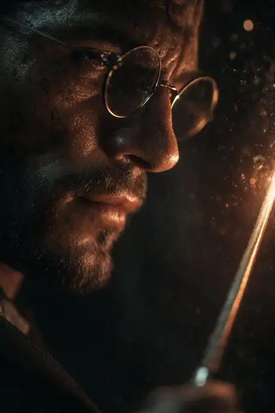 Vista cinematográfica de primer plano de un hombre con una varita brillante