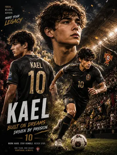 Pôster editorial de tripla exposição de uma superestrela do futebol