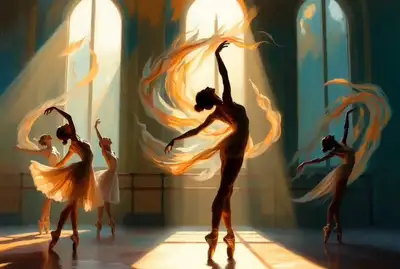 Bailarinas de ballet pictóricas en un estudio soleado, luz fluida