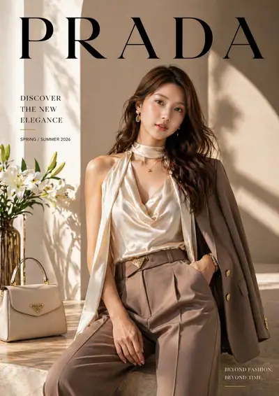 Luxury Prada-style fashion ad poster with an editorial pose