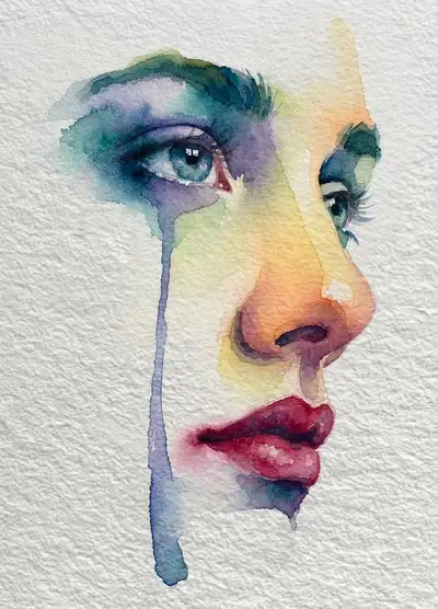 Pintura en acuarela del duelo en tonos verde azulado y carmesí