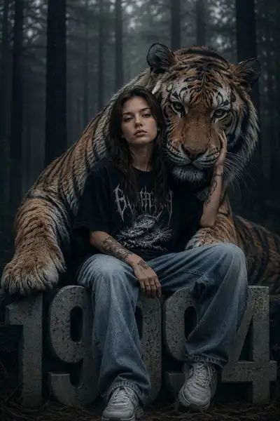 Düsteres Waldporträt mit einem Bengalischen Tiger als Begleiter