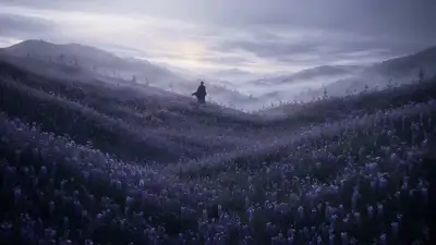 Lonely Samurai in a Field of Purple Flowers
