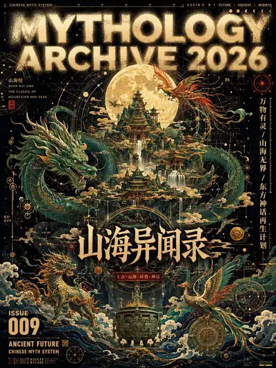 Portada de revista maximalista de mitología china