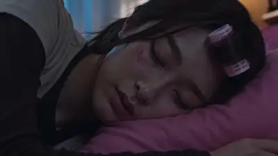 Locked-frame night-to-morning time jump of a woman waking up