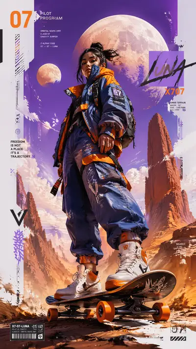 Comic-style skateboard girl poster with sci-fi desert backdrop