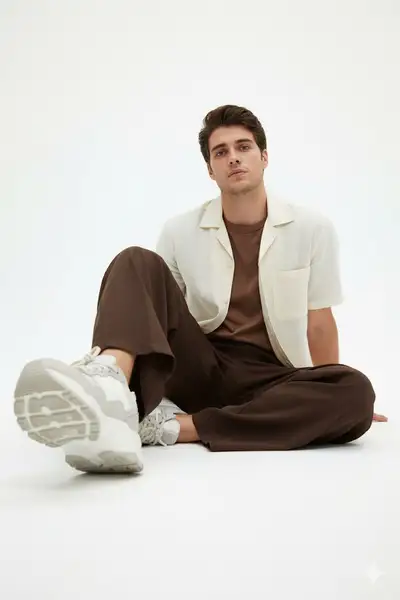 Edit Man Sitting on White Surface with Forced Perspective