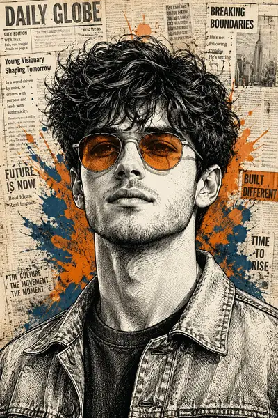 Portrait à l'encre avec lunettes de soleil orange et collage de journaux