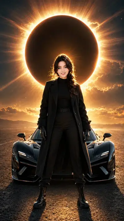 Solar Eclipse Cinematic Portrait of Woman with Black Supercar