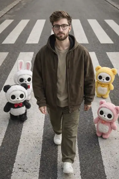 Street crosswalk photo with plush toy characters