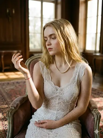 Cinematic Vintage Portrait with Lace and Pearls