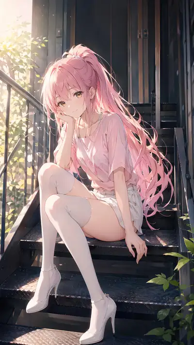 Anime girl with pink ponytail sitting on outdoor stairs wallpaper