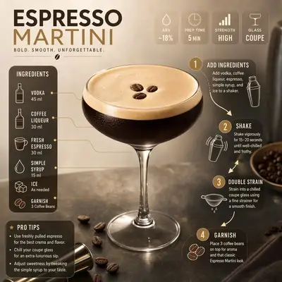 Infografik-Layout für das Espresso-Martini-Cocktailrezept