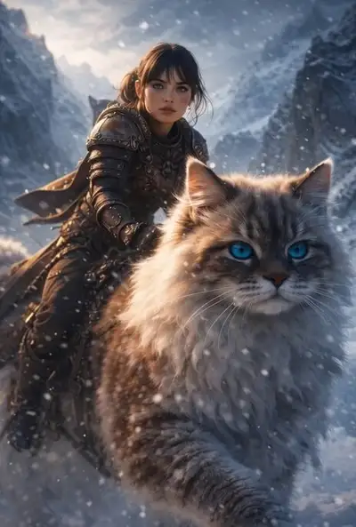 Fantasy Cat Rider in Snowy Mountains