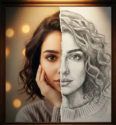 Framed Split Photo and Pencil Sketch Portrait