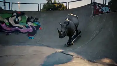 Rhino Skateboarder Extreme Sports Video Prompt