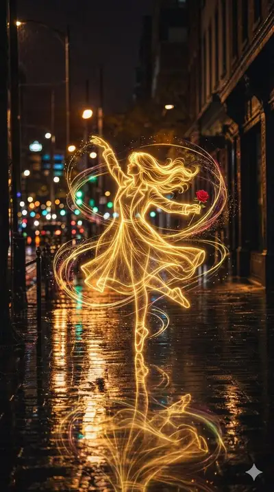 Ballerina of Light and Chrome in Rain