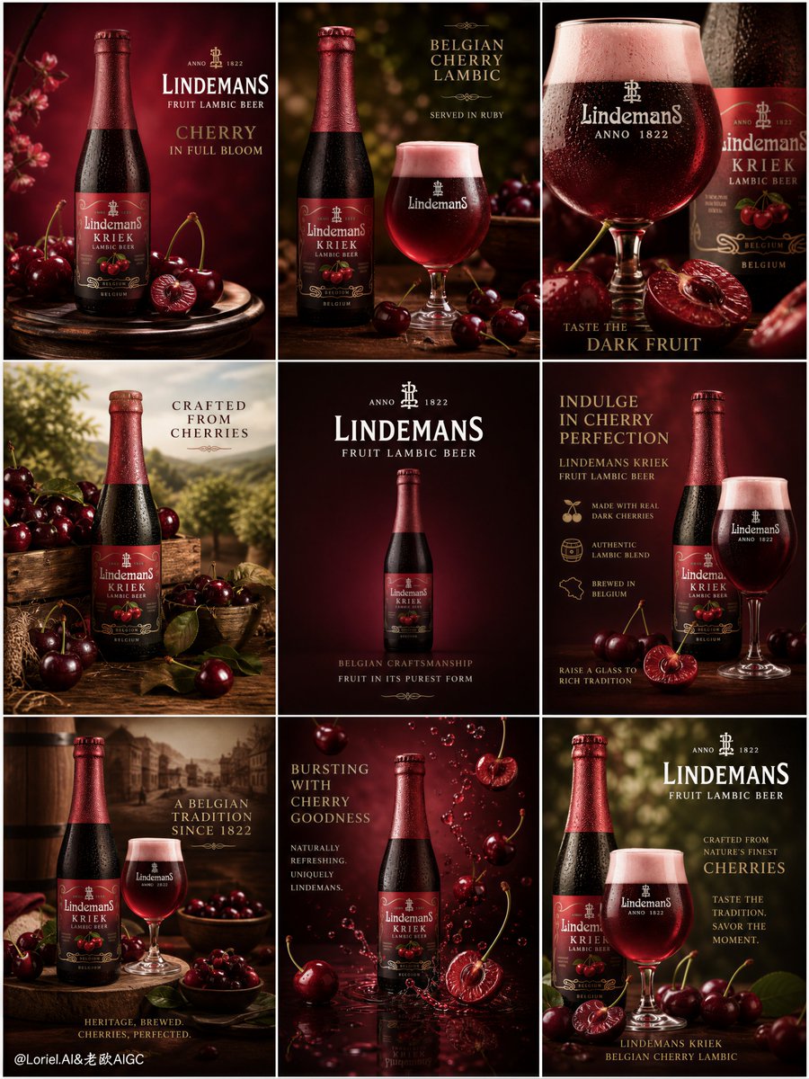 9-grid cherry lambic beer marketing campaign board, GPT Image 2