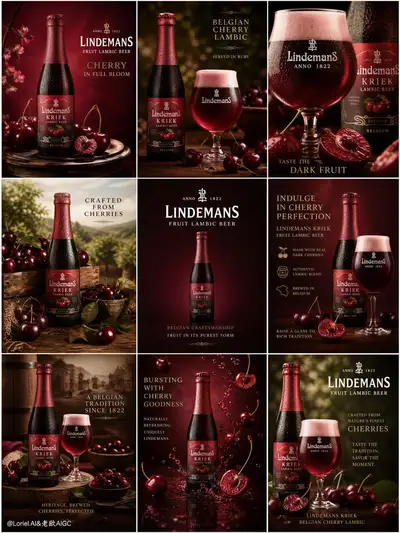 9-grid cherry lambic beer marketing campaign board, GPT Image 2