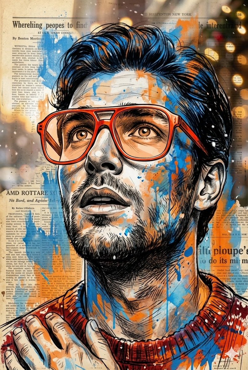 Expressive sketch portrait on newspaper background