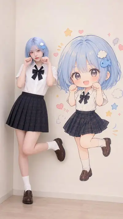 Prompt für eine realistische Person neben einer Chibi-Wandillustration