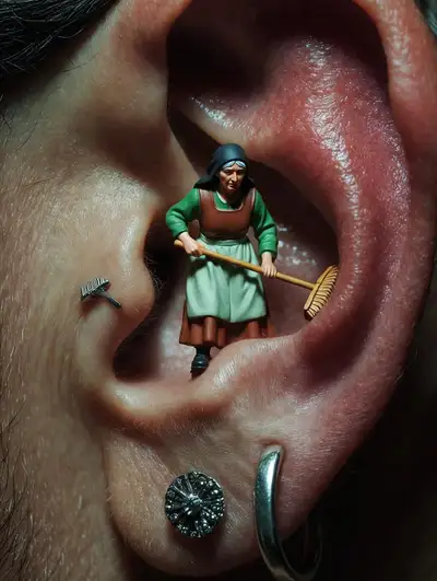 Macro Photograph of Figurine Cleaning a Human Ear