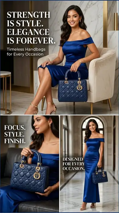 Three-panel luxury handbag fashion advertisement