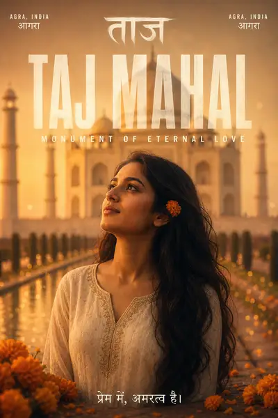 Taj Mahal cinematic portrait poster with Hindi typography